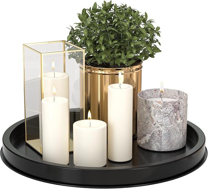 HGF Decorative Tray for Coffee Table, 13 Inch Lightweight Metal Round Trays for Kitchen Sink Counter Organizer Dining Centerpiece Table for Display Candle Vase, Black Round Tray for Decor