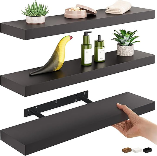 Ballucci Floating Shelves for Wall, 24" Wood Wall Mount Shelf Set of 3, Invisible Brackets Floating Shelf for Decor Living Room, Bathroom, Bedroom, Kitchen, 6" Depth, Black