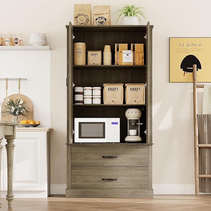 IDEALHOUSE Kitchen Pantry Storage Cabinet with Barn Doors, Drawer, and 2 Adjustable Shelves, Freestanding Tall Hutch with Microwave Stand for Kitchen, Dining Room, Rustic Gray