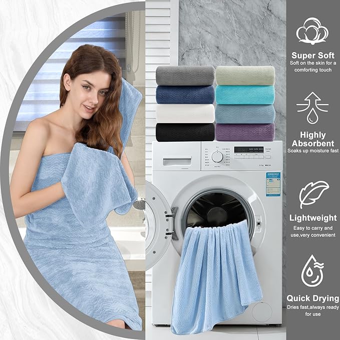 8 Piece Bath Towel Set Blue — 2 Oversized Large Bath Sheet,2 Hand Towels,4 Washcloths — Ultra Soft Cozy Bath Towel Set for Bathroom Hotel Gym Spa,Highly Absorbent & Quick Dry Bathroom Towel Collections