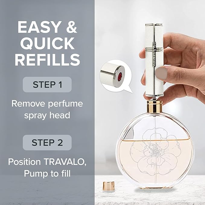 Milano Perfume Atomizer Bundle - Leak-Proof and TSA Approved for Air Travel - Reusable, Easy Fill Mini Pump Sprayer - Vegan Leather w/Polished Metal - White, Aqua, Perfect Pink - 3 Pack