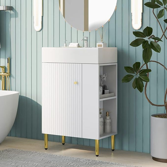 Favfurish 21.6" Bathroom Vanity with Rectangle Ceramic Vessel Sink Combo,Freestanding Right Side Storage Cabinet W/Soft-Close Doors,Assembled Quickly,for Small Spaces,White