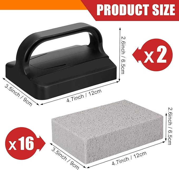 16 Pcs Pumice Stones Scrubbing Grill Griddle Cleaning Brick Block Grill Cleaning Stone Griddle Scrubber Cleaner with 2 Pcs Handle for Outdoor BBQ Oven Flat Top Cookers Remove Greases Stains