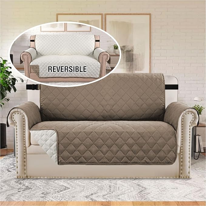 H.VERSAILTEX Water Repellent Loveseat Cover Loveseat Slipcover for Dogs Couch Protector Reversible Couch Cover for 2 Cushion Couch Furniture Protector for Pets(Oversized Loveseat, Taupe Brown/Beige)