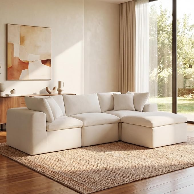 Cloud Couch Sectional Sofas for Living Room, Cream White Modular Sectional Sofa Couch Set with Ottoman, Deep Seat L Shaped Couch Bed, Boneless Convertible Sofa Couch for Apartment Furniture
