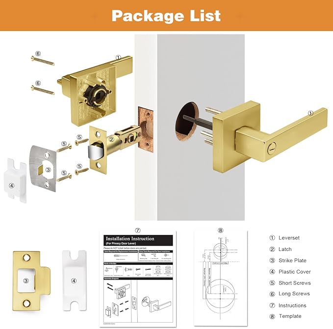 Probrico Gold Privacy Door Handle Lockset Heavy Duty Interior Door Lever for Bedroom Reversible Keyless Handleset Door Knob 2 Pack