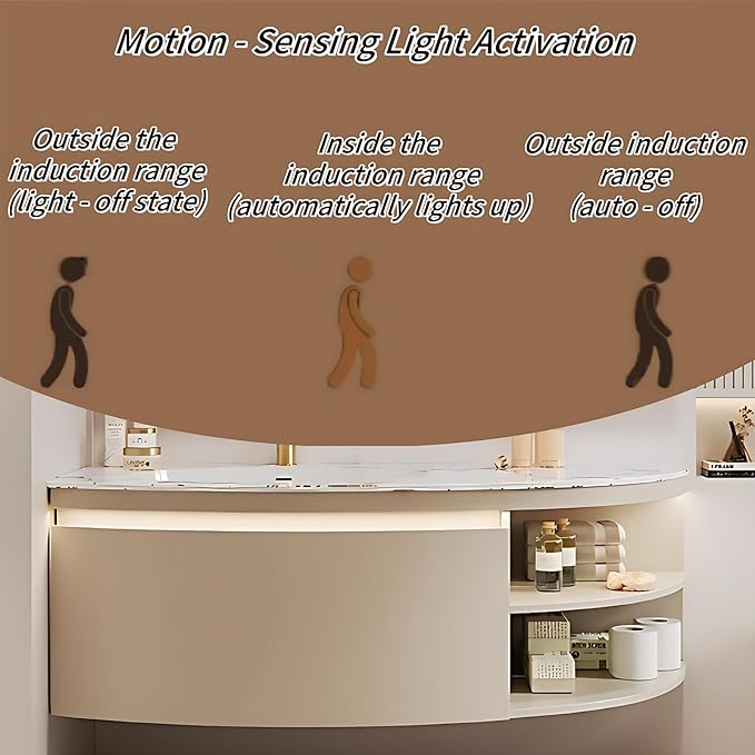 44IN Floating Bathroom Vanity, Wall Mounted Wood Sink Cabinet with Smart Sensor LED Light Strip & Open Style Side Cabinet | LED Lights & Defogging Function, Single Sink Vanities Set (Beige)
