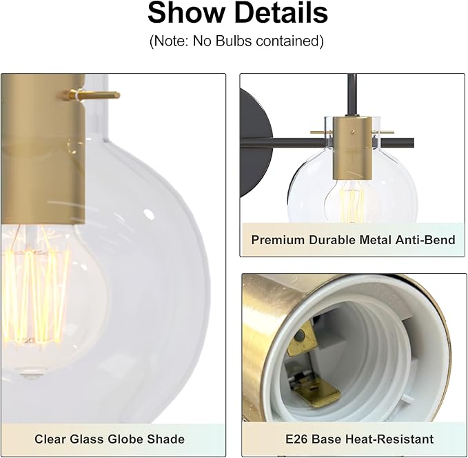 Modern Bathroom Vanity Light 2-Light Wall Sconce, Black & Gold Finish with Clear Glass Shades, Bathroom Light Fixtures Mirror Lighting for Kitchen, Bedroom, Hallway, – Easy Installation
