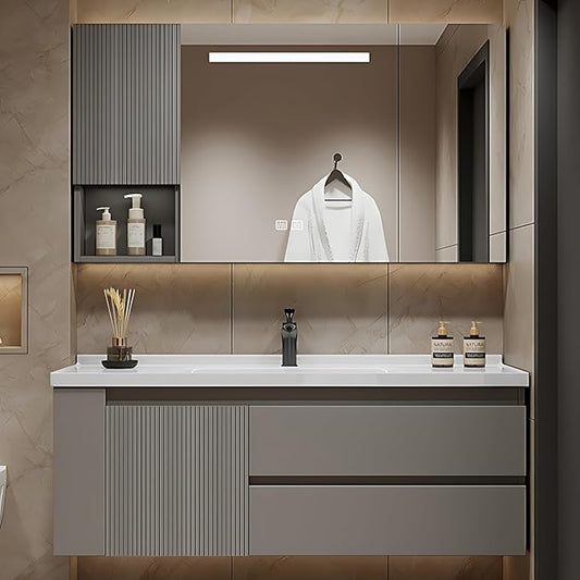 56IN Suspended Bathroom Cabinet Combo Set - Fully Functional LED Mirror with Smart Defogging & Time Display | Bathroom Vanity with Sink,Side Cabinet Storage Compartment (Style A)