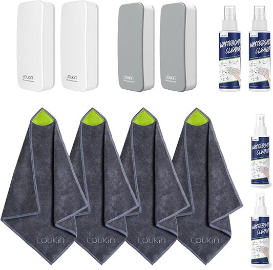 loukin | Magnetic Cleaning Cloth 4 Pack & Magnetic Dry Erase Eraser (Gray*2, White*2) & Whiteboard Cleaner (3.4 fl oz) 4 Pack