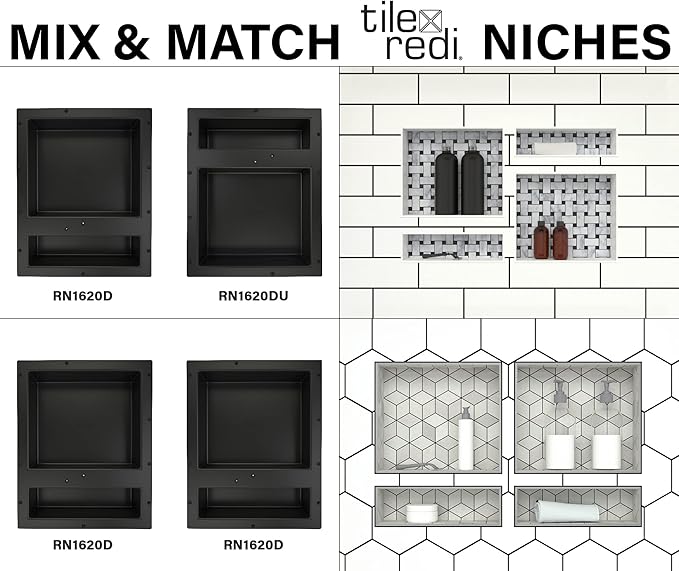 Tile Redi USA Niche Double Recessed Shower Shelf – Black, Two Inner Shelves with Divider, 16-Inch Width x 20-Inch Height x 4-Inch Depth (RN1620D-BI)