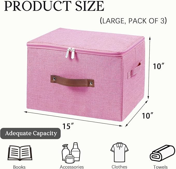 3 Pack Storage Bins with Zipper Lid Fabric Lidded Storage Boxes Baskets Cubes Washable Collapsible PU Leather Handle Cotton Linen Shelves Closet Organizer Container(Pink, Large Size)