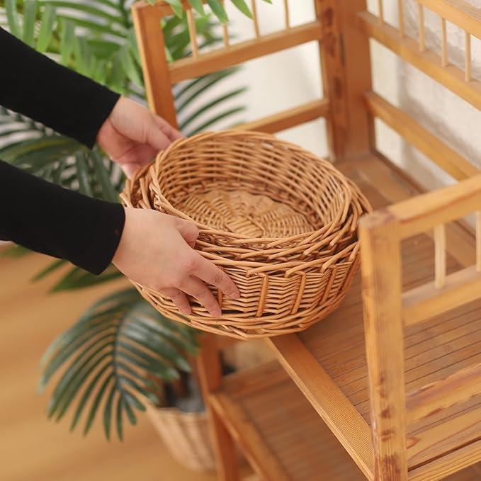 11"Round Wicker Bread Basket Woven Tabletop Food Fruit Vegetables Serving Restaurant Serving Basket Home Kitchen Restaurant Outdoor gifts round easter tray(3-PACKS)
