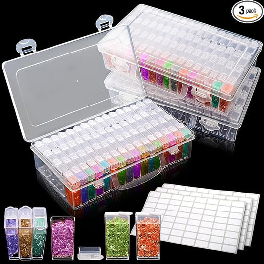 3 Pack Diamond Art Storage Containers, 192 Grids Acrylic Bead Box with Label Stickers, 5D Diamond Dot Art Case, Embroidery DIY Art Craft Storage Jar for Sewing, Nail, Rhinestone, Seed