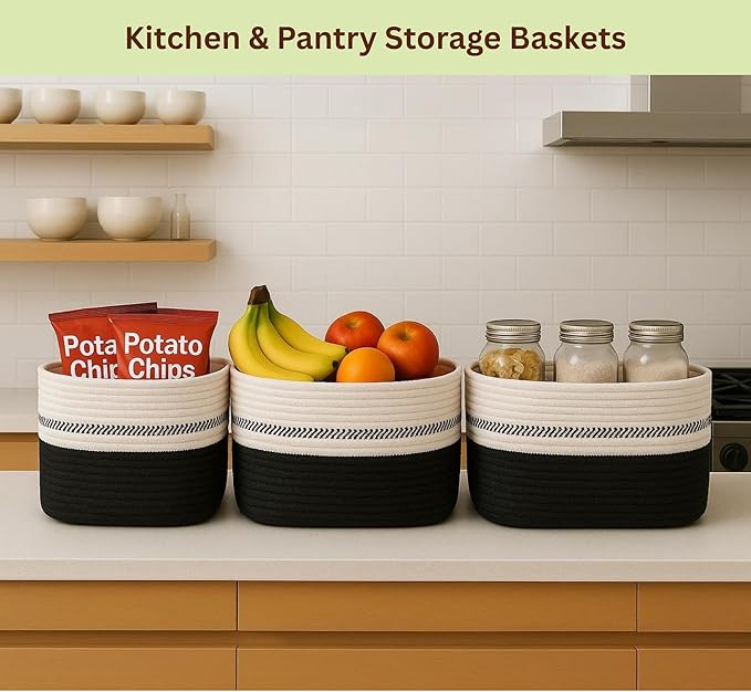 Cotton Rope Baskets for Organizing and Storage, Woven Decorative Baskets for Shelves, Books, Closets. Storage Bins for Living Room, Bedroom | Pack of 3 | Black