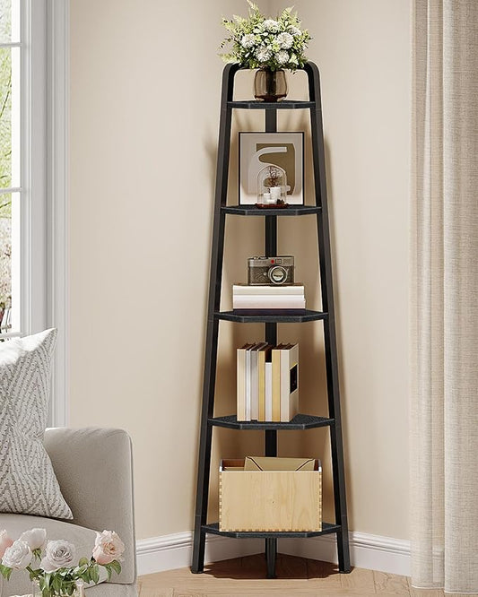 Corner Shelf, 5-Tier Ladder Corner Shelf, Ladder Bookshelf, 59.6" Tall Vertical Display Stand, Metal Frame Bookshelf, for Living Room, Bedroom, Kitchen, Black TCJ20BB