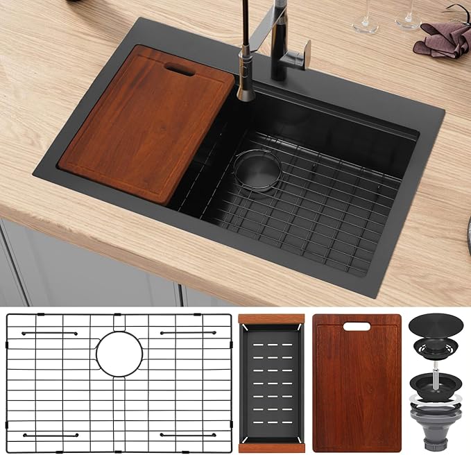 Drop In Black Kitchen Sink,Stainless Steel Sink 16 Gauge,Single Bowl Workstation Sinks (Black, 31" X 22")