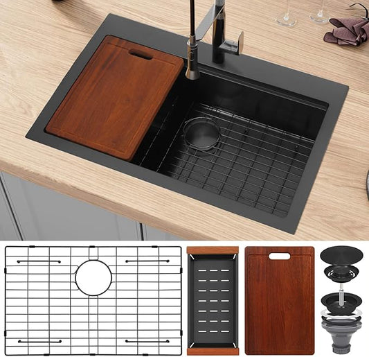 Drop In Black Kitchen Sink,Stainless Steel Sink 16 Gauge,Single Bowl Workstation Sinks (Black, 31" X 22")