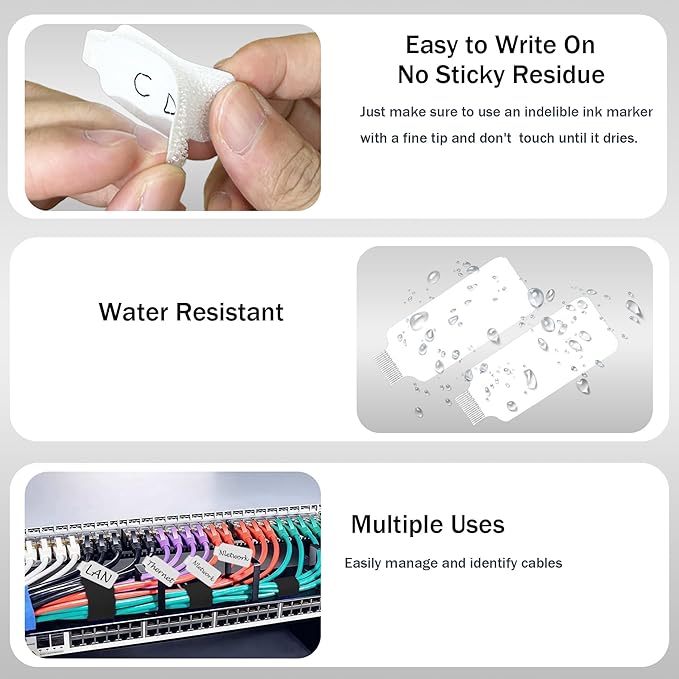 48 Pcs Cable Labels with Black Marker & Reusable Hook and Loop Ties - 24 Pcs Write-On Wire Labels + 24 Pcs Cable Ties for Electronics, Computer, Home and Office Cord Organization and Identification
