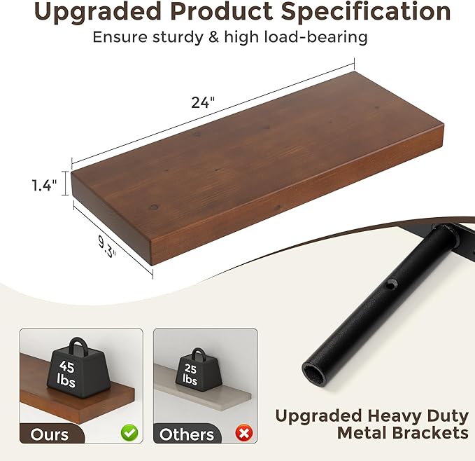 Floating Shelves for Wall, 24"Wx9.3"D USA-Sourced Douglas-Fir Solid Wood Rustic Wall Shelves with Heavy Duty Invisible Bracket, Nursery Book Storage Display Shelf for Bathroom, Set of 2, Walunt Finish