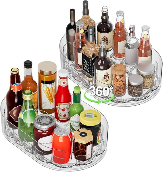 Lazy Susan Organizer for Refrigerator, 13.5'' x 8.5'' Clear Rectangular Turntable Fridge Organizer for Condiments in Refrigerator, Cabinet, Pantry, or Kitchen Countertop (2 Pack)