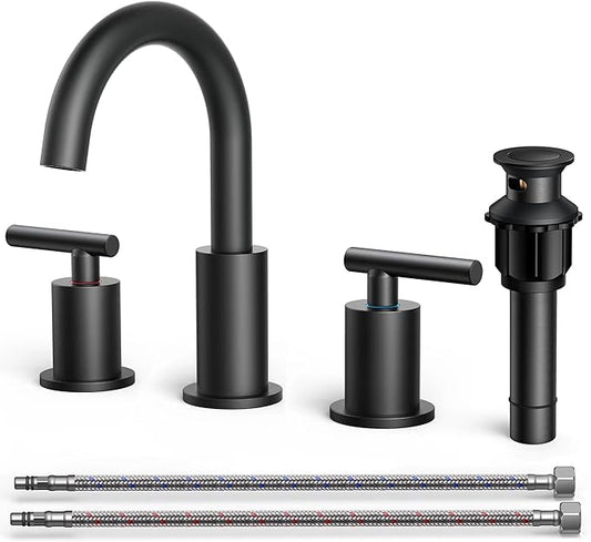 FORIOUS Black Bathroom Faucet 3 Hole, 8 Inch Matte Black Bathroom Sink Faucet Widespread with 360° Swivel Spout, Suitable for 6-12 Inch Vanity Sink, with Pop-up Drain and cUPC Supply Line