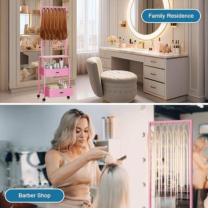 Portable Braiding Hair Rack with Wheels & Storage Drawers,2-Sided 288 Pegs,Hair Extension Holder Hanger for Braiding Hair Separator Stand Display,Hair Rack with Stylist Hair braiding Tools（Pink）