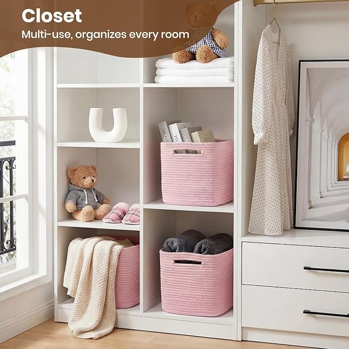 Storage Baskets for Organizing, 14 x 10 x 9” Closet Shelf Woven Baskets, Square Bins with Handles, Cotton Rope Basket for Toys, Clothes, Office, Room, Pink 3 Pack