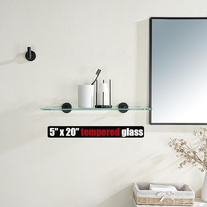 JQK Bathroom Glass Shelf Black, Tempered Glass Shower Storage 20 by 5 inches, 304 Stainless Steel Matte Black Wall Mount 2 Pack 2 Pack, TGS121L20-PB-P2