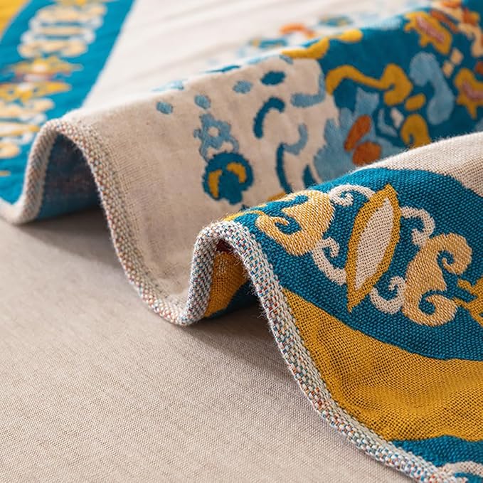 SANACYNA Boho Muslin Throw Blanket 100% Cotton 6-Layer Gauze Geometric Bed Blanket Lightweight Soft and Breathable Blanket for Sofa Bed Coverlet Both Sides (Boho Squared Flower, 80 x 90 in)
