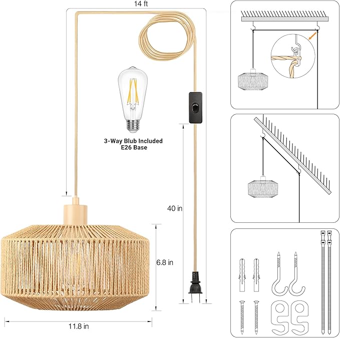Plug in Pendant Light Paper Woven Rattan Hanging Lights Boho Hanging Lamp Rustic Farmhouse Pendant Lights for Kitchen Dining Room Bedroom Entryway, with 3-Way Dimmable Bulb (Woven-2)