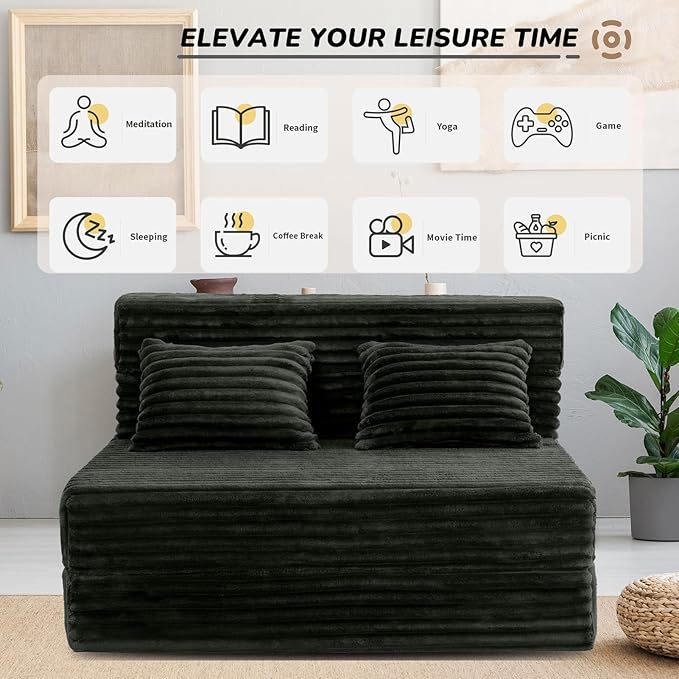 Folding Sofa Bed Twin, Convertible Sleeper Chair Loveseat with Pillow, High-Density Futon Chair Bed, Foldable Sofa Sleeper Floor Couch for Bedroom Living Dorm Guest Room, Charcoal Moss Grey
