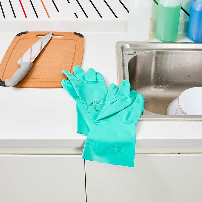 Green Cleaning Gloves 10 Pairs 15 Mil Thick Large Heavy-Duty Nitrile Gloves With Long Cuff No-Latex Flock Lining For Use In Hospitals, Laboratories, Kitchens and Households