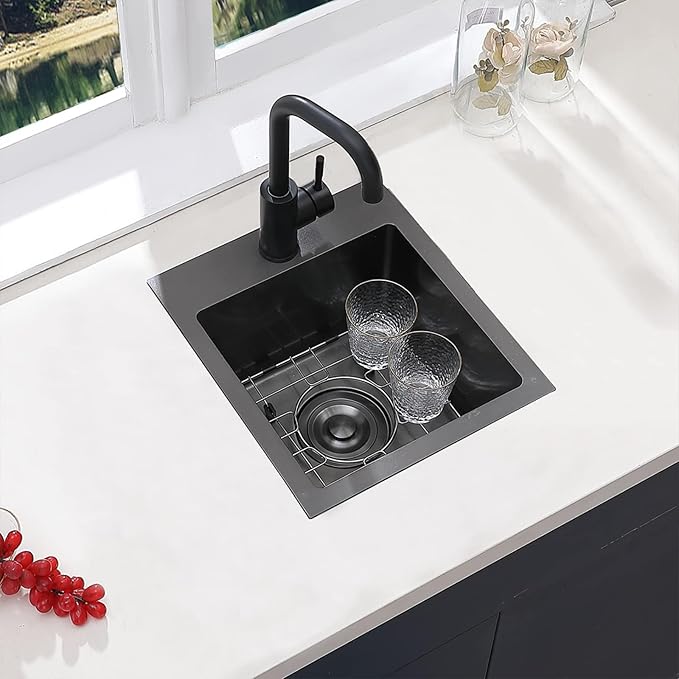 Black Bar Sink Drop in, 15 x 17 Inch Topmount RV Small Kitchen Sink, Handmade Stainless Steel Wet Bar Sink, Outdoor Single Bowl Prep Sink with Dish Grid & Drain