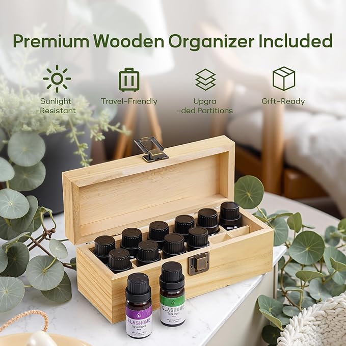 Essential Oils for Diffusers for Home –12 x 10ml Water Soluble Aromatherapy Oils with Wood Box, Natural Scented Oils for Home, Spa, Car & Gifts - Lavender, Peppermint, Sweet Orange, Tea Tree & More
