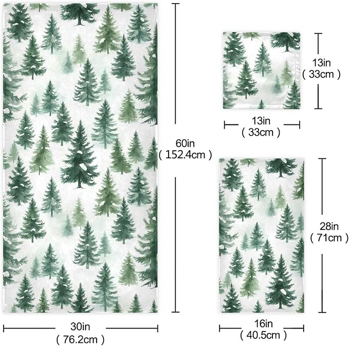 Christmas Winter Towels Set of 3 Woodland Rustic Forest Pine Trees Bathroom Towel Soft Absorbent Bath Hand Towels Washcloth Guest Towel Sets Xmas Holiday Decor