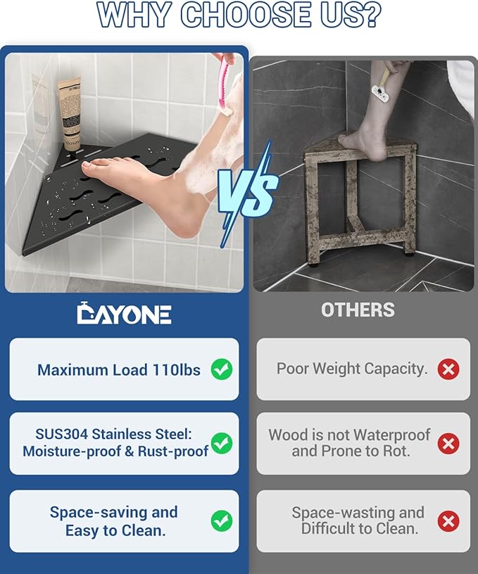 DAYONE Corner Foot Rest for Shaving Legs 10'' Black, Wall Mounted 304 Stainless Steel Footrest with Shaving Holder, Recessed Designed Foot Ledge for Bathroom Inside Shower