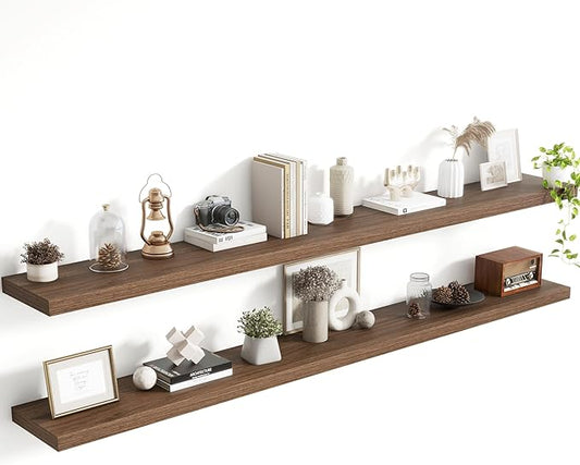 72 Inch Floating Shelves, 8 Inch Deep Floating Shelves for Wall, Hanging Shelf with Invisible Brackets, Deep Shelves for Bathroom, Bedroom, Living Room, Walnut, Set of 2