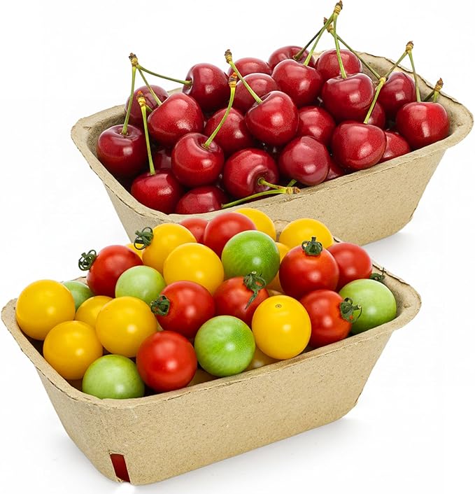 100 Pack Natural Pulp Fiber Berry Baskets, Rectangle Strawberry Produce Vented Container, Bulk Molded Fruit Boxes, Vegetable Picking Holder for Farmers Market, Grocery Store, Backyard Party