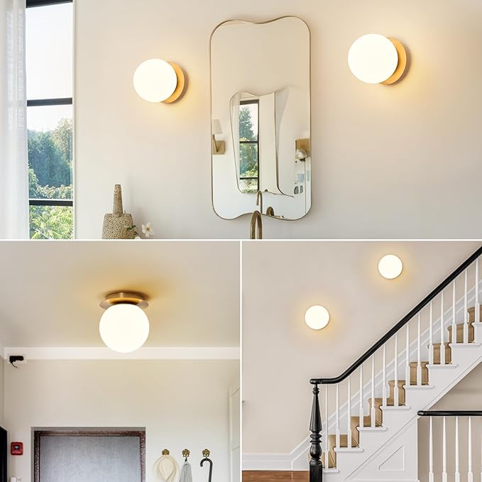 Modern Globe Brass Wall Sconce: 6" Gold Mid Century Modern Indoor Wall Mounted Lamp - Small Minimalist Frosted White Glass Bathroom Sconces - Ball Vanity Light for Bedroom Living Room Hallway Entryway