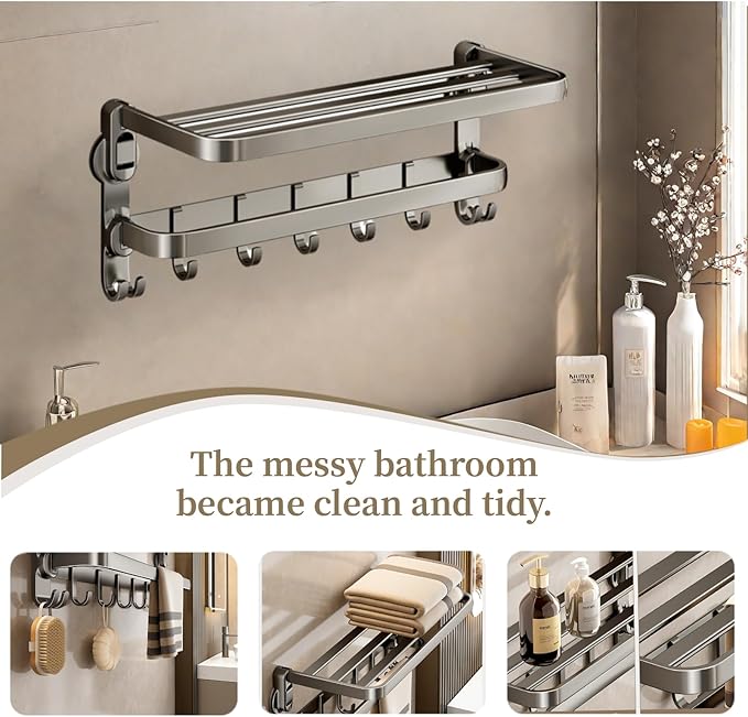 Aluminum Alloy Suction Cup Towel Rack, Bathroom Storage Shelf, No-Drill Mounting (Large)