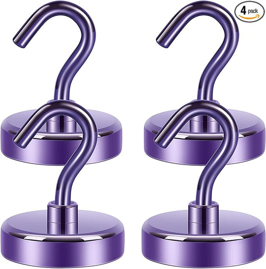 Neosmuk Magnetic Hooks Heavy Duty,Strong Magnet with Hook for Fridge, Super Neodymium Extra Strength Industrial Hooks for Hanging, Magnetic Hanger for Toolbox, Cruise, Grill(Purple,4 Pack)