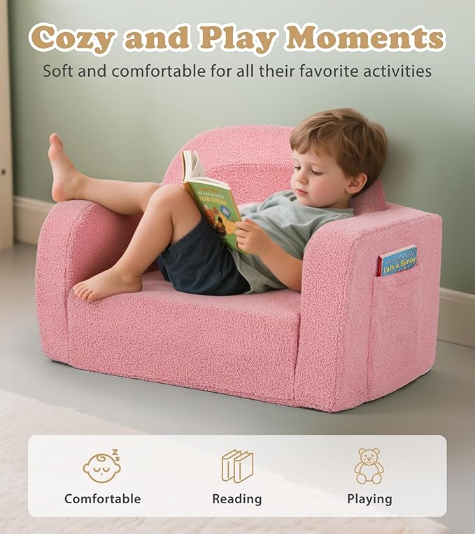 Kids Couch, 2-in-1 Soft Toddler Couch Fold Out with Blanket, Comfy Toddler Chair, Convertible Sofa, Gifts for Kids Girl Boys, Medium Pink Rainbow
