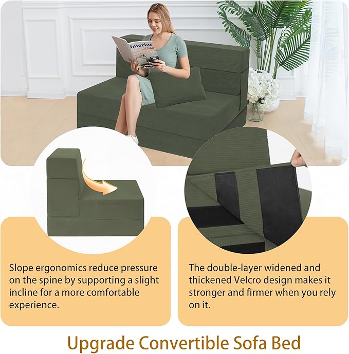 Sofa Bed Foldable Mattress ，Folding Sleeper Sofa Chair Bed Floor Mattress with Pillow for Living Room Home Office (Green-Corduroy, Twin)