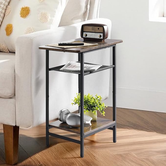 Narrow Side Table Set of 2 for Small Spaces, 3-Tier End Table for Living Room with Wide Storage Tabletop, Rustic Brown Slim Nightstand for Bedroom, Couch,Sofa