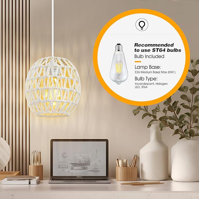 SLYYMY Plug in Pendant Light, 15FT Hemp Rope Cord, Hanging Lamps Rattan Pendant Light, On/Off Switch Hanging Lights for Bedroom Living Kitchen White