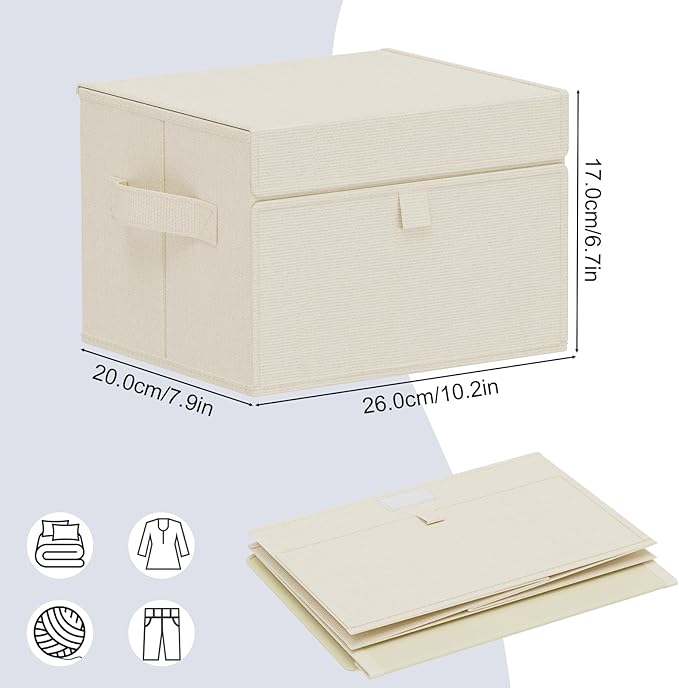 Convenient Storage Bins for Taking Clothes, Fabric Boxes with Flip Cover, Collapsible Organizer with Handles, Cube Baskets for Home, Bedroom, Closet, 10.2x7.9x6.7in, Beige, 2 Pack