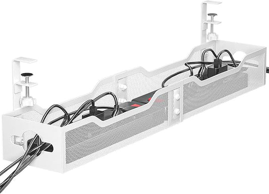 Under Desk Cable Management Tray 32'', Cable Management Under Desk No Drill, Cable Organizer with Clamp for Wire Management, Cord Organizer for Office, Home - No Damage to Table (White)