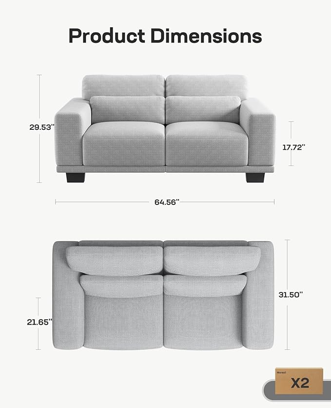 Marsail 65" Couch, 2-Seater Modern Sofa with Deep Seats, Comfy Upholstered Linen Sofas for Living Room, Apartment, Light Grey