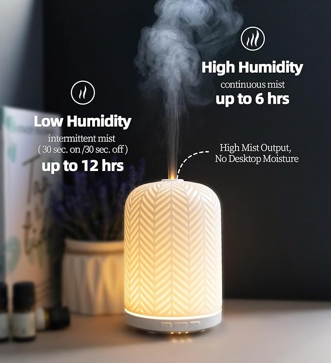 Essential Oil Diffuser - 2.4MHz Ultrasonic Ceramic Diffuser for Home, 120ml, Pulse&Continuous Mist, Bright/Dim/Breathing Lighting, Waterless Auto-Off, Aromatherapy Diffuser with USB Cable